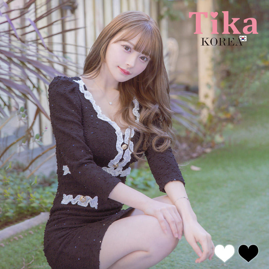 [韓国ドレス] ミニドレス 袖あり パイピング モノトーン ニット ストレッチ タイト キャバドレスのメイン画像