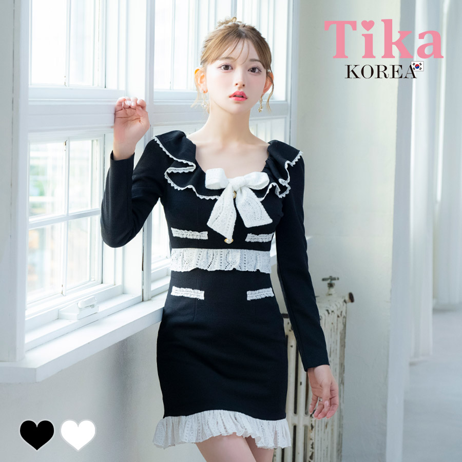 [韓国ドレス] ミニドレス ワンピース 長袖 パイピングレース 裾フリル モノトーン タイト キャバドレスのメイン画像
