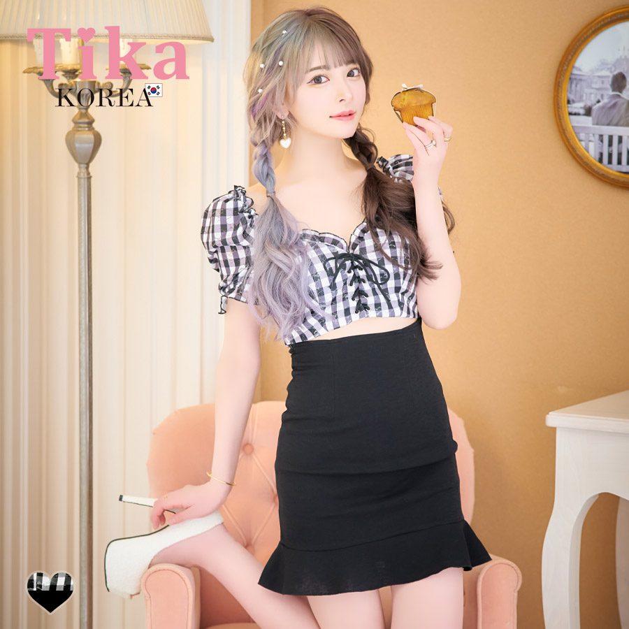 [韓国ドレス] ミニドレス ギンガムチェック柄 ウエストカットギャザー パフスリーブ 半袖 タイト キャバドレスのメイン画像