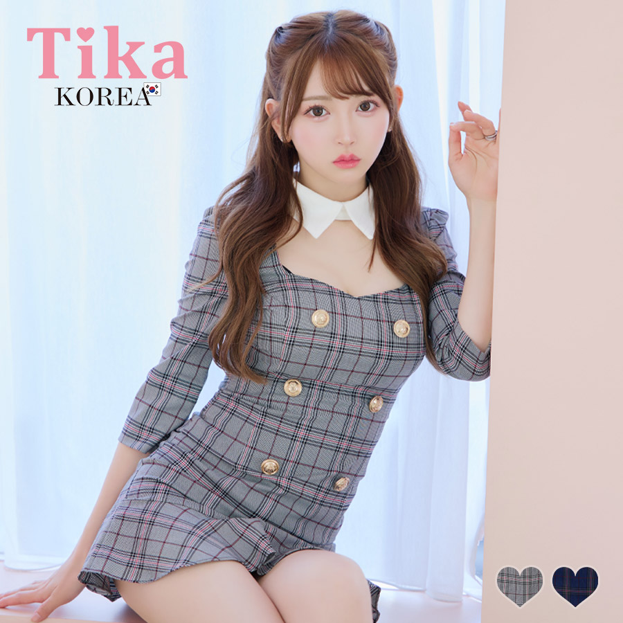 [韓国ドレス] チェック柄 スクエアネック バストカット 袖あり 七分袖 襟付き 谷間魅せ タイトミニ キャバドレスのメイン画像