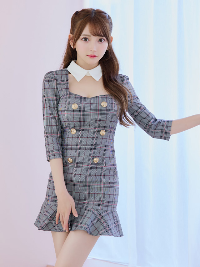 [韓国ドレス] チェック柄 スクエアネック バストカット 袖あり 七分袖 襟付き 谷間魅せ タイトミニ キャバドレスのイメージ画像1