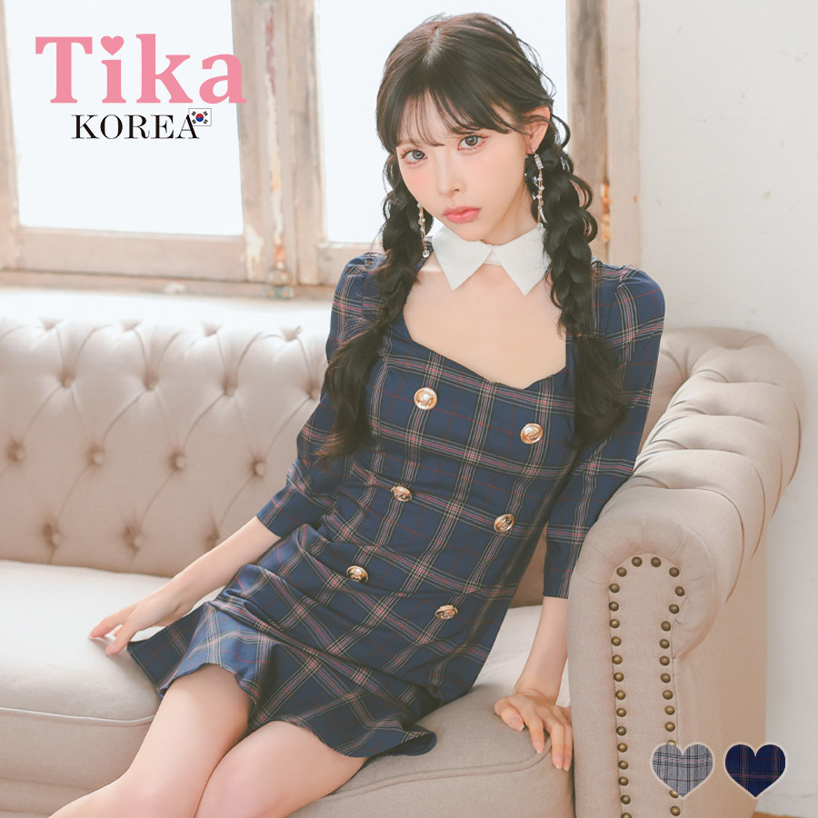 [韓国ドレス] チェック柄 スクエアネック バストカット 袖あり 七分袖 襟付き 谷間魅せ タイトミニ キャバドレスのメイン画像