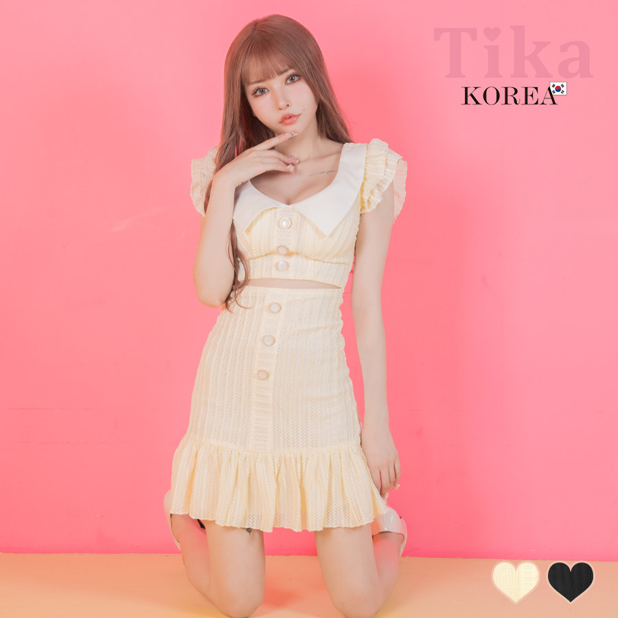 [韓国ドレス] ミニドレス コットンレース ワンピース 襟付き フリル袖 ウエストカット 裾フリル ノースリーブ ブラジャーのまま Aライン クリーム キャバドレスのメイン画像