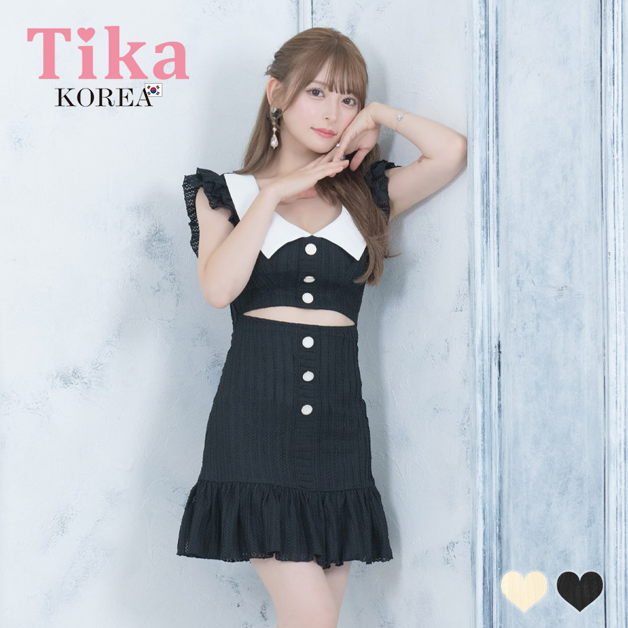 [韓国ドレス] ミニドレス コットンレース ワンピース 襟付き フリル袖 ウエストカット 裾フリル ノースリーブ ブラジャーのまま Aライン 黒 キャバドレスのメイン画像