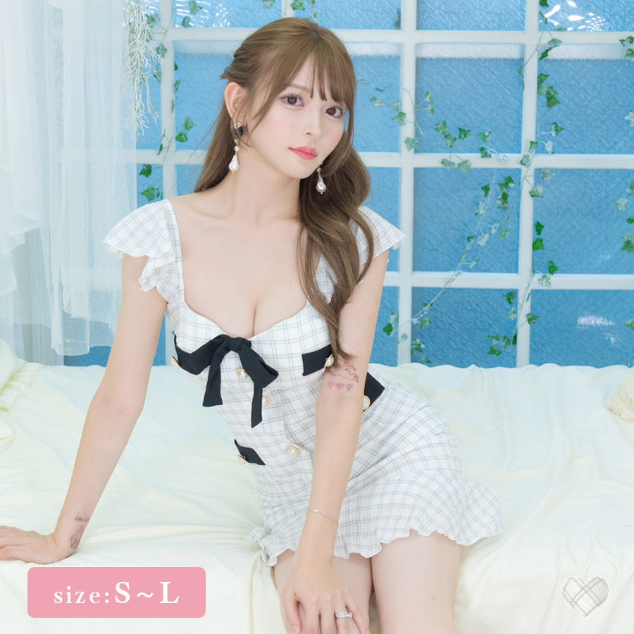 [韓国ドレス] ミニドレス ノースリーブ フリル袖 ガーリー チェック柄 パイピング タイト 裾フリル キャバドレスのメイン画像