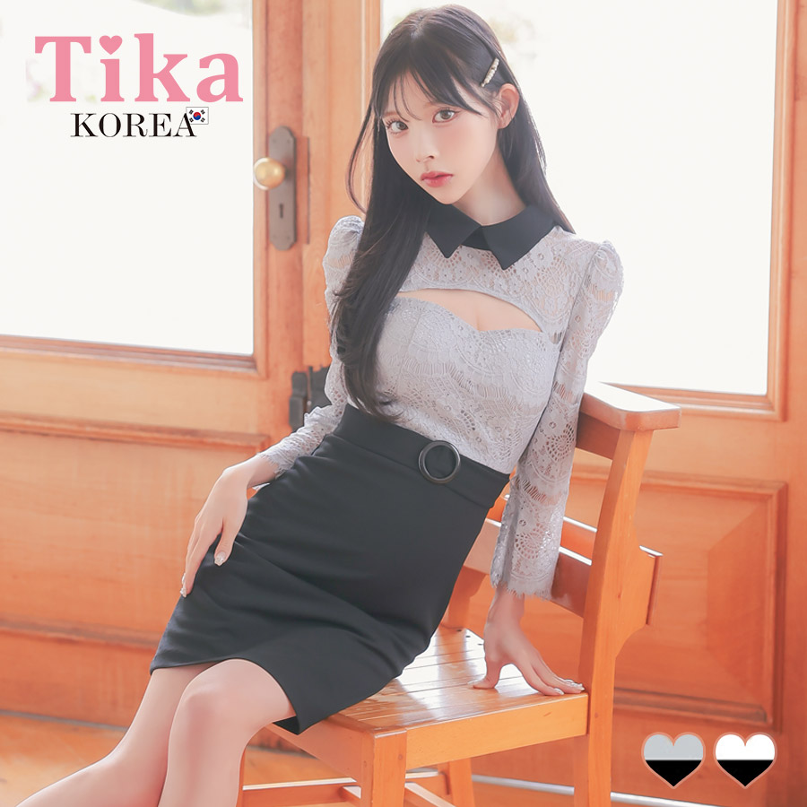 [韓国ドレス] ミニドレス 谷間魅せ 襟付き バストカット 袖あり スカラップレース タイト キャバドレスのメイン画像