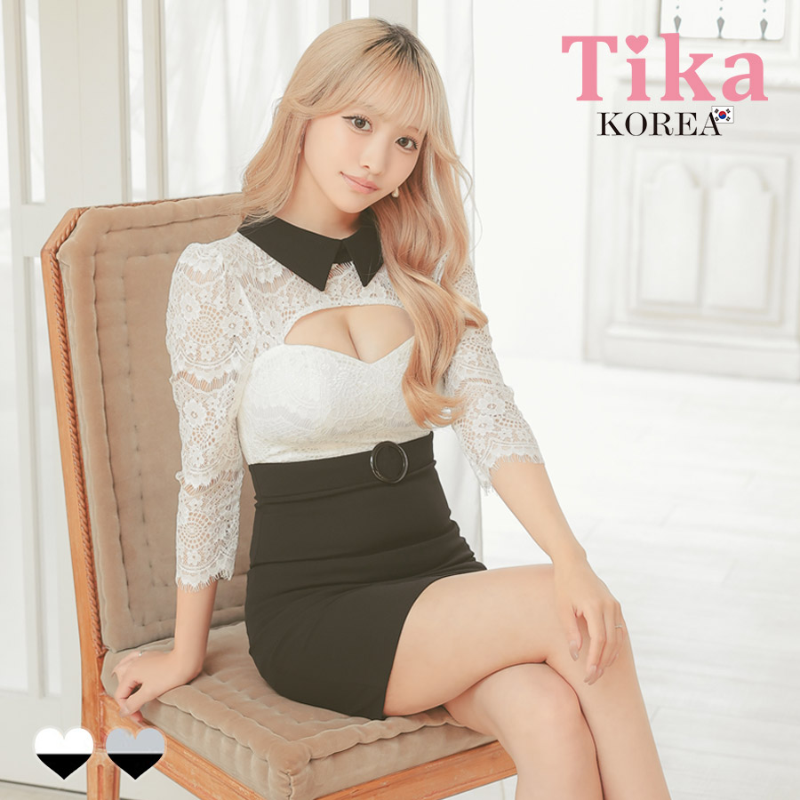 [韓国ドレス] ミニドレス 谷間魅せ 襟付き バストカット 袖あり スカラップレース タイト キャバドレスのメイン画像