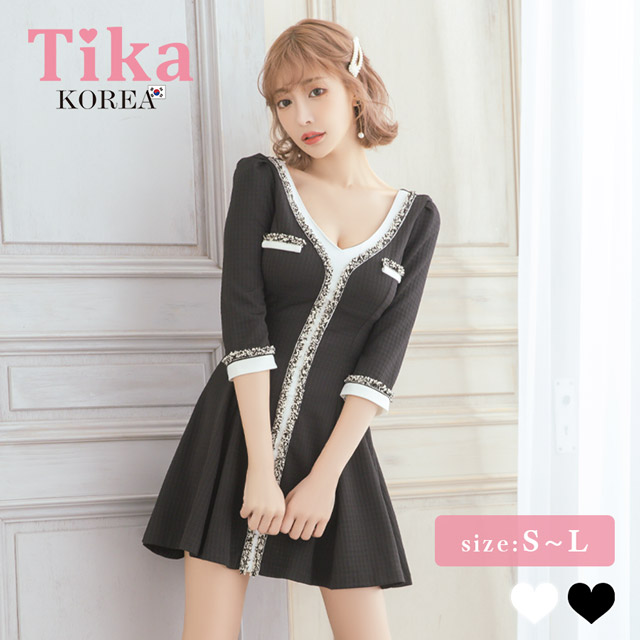 韓国ドレス ミニドレス 袖あり 五分袖 レース バストリボン ボックスプリーツ タイト キャバドレスのメイン画像