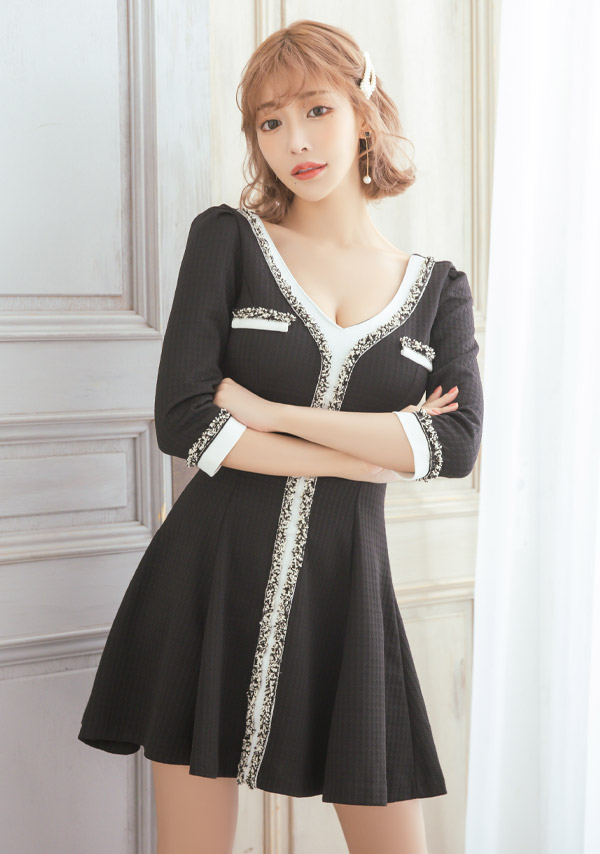 韓国ドレス ミニドレス 袖あり 五分袖 レース バストリボン ボックスプリーツ タイト キャバドレスイメージ画像1