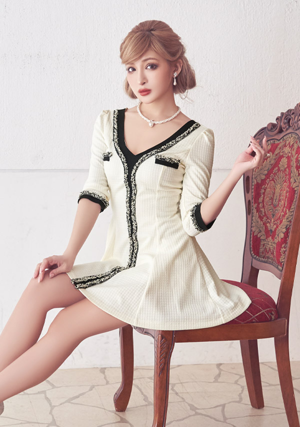 韓国ドレス ミニドレス 袖あり 五分袖 レース バストリボン ボックスプリーツ タイト キャバドレスイメージ画像1