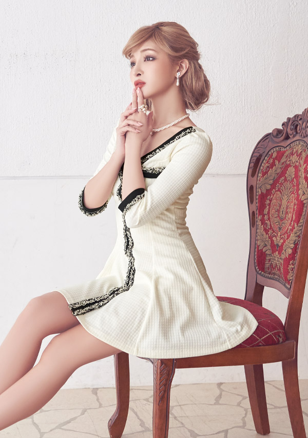 韓国ドレス ミニドレス 袖あり 五分袖 レース バストリボン ボックスプリーツ タイト キャバドレスイメージ画像1