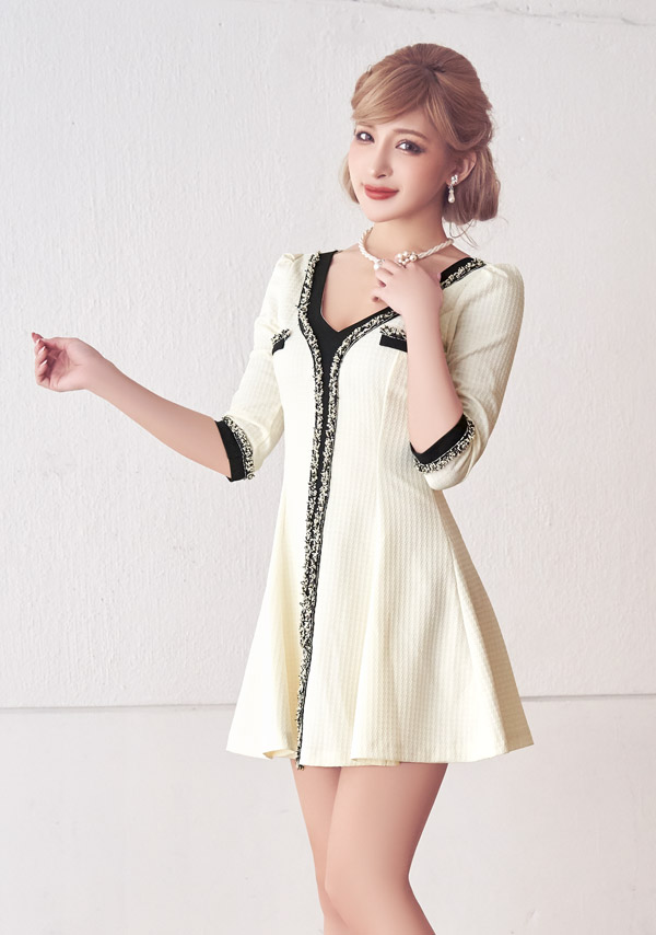 韓国ドレス ミニドレス 袖あり 五分袖 レース バストリボン ボックスプリーツ タイト キャバドレスのイメージ画像2