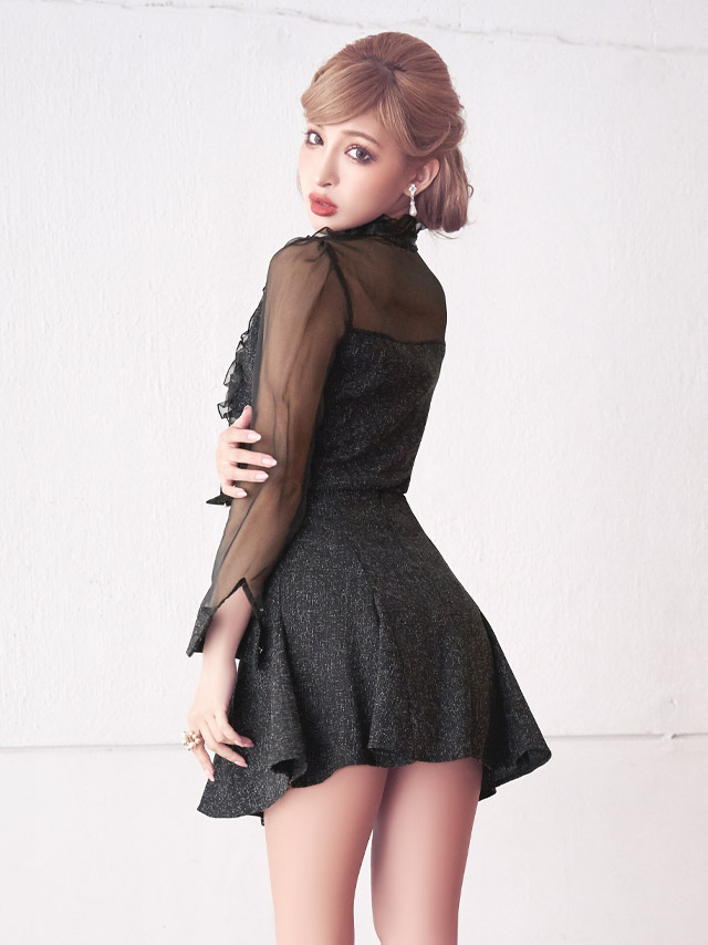 ミニドレス セットアップ 長袖 胸元フリル チュール ツイード Aライン キャバドレスのイメージ画像3