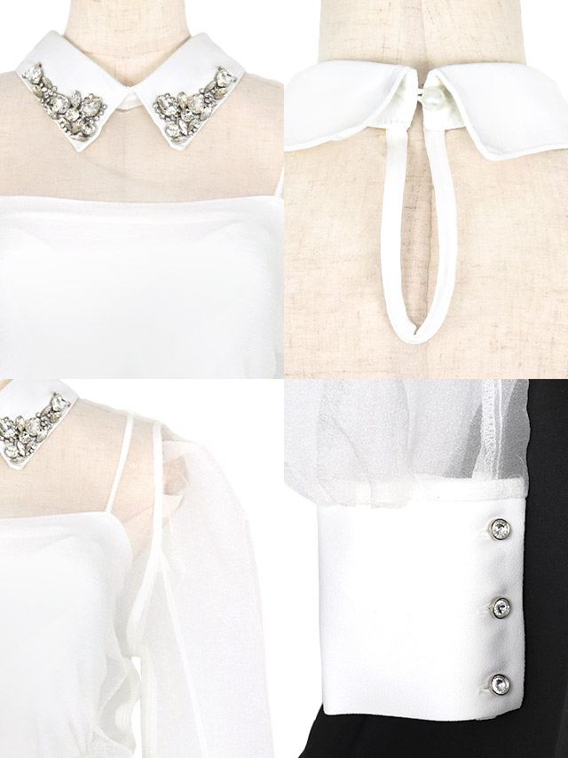 韓国ドレス セットアップキャミソール付きビジュー襟デザイン長袖シアーブラウス×スカートパンツドレスの商品特徴