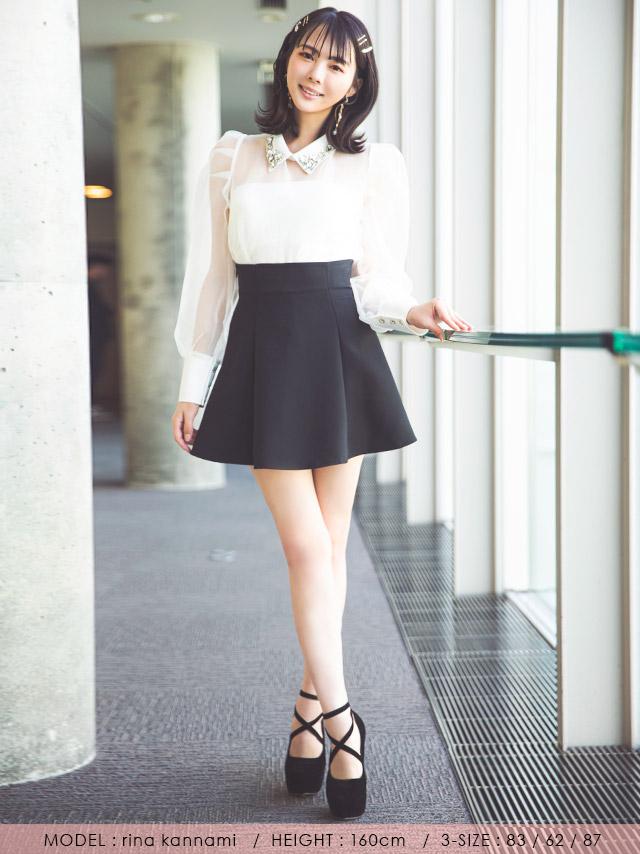 韓国ドレス セットアップキャミソール付きビジュー襟デザイン長袖シアーブラウス×スカートパンツドレスのフロント全身
