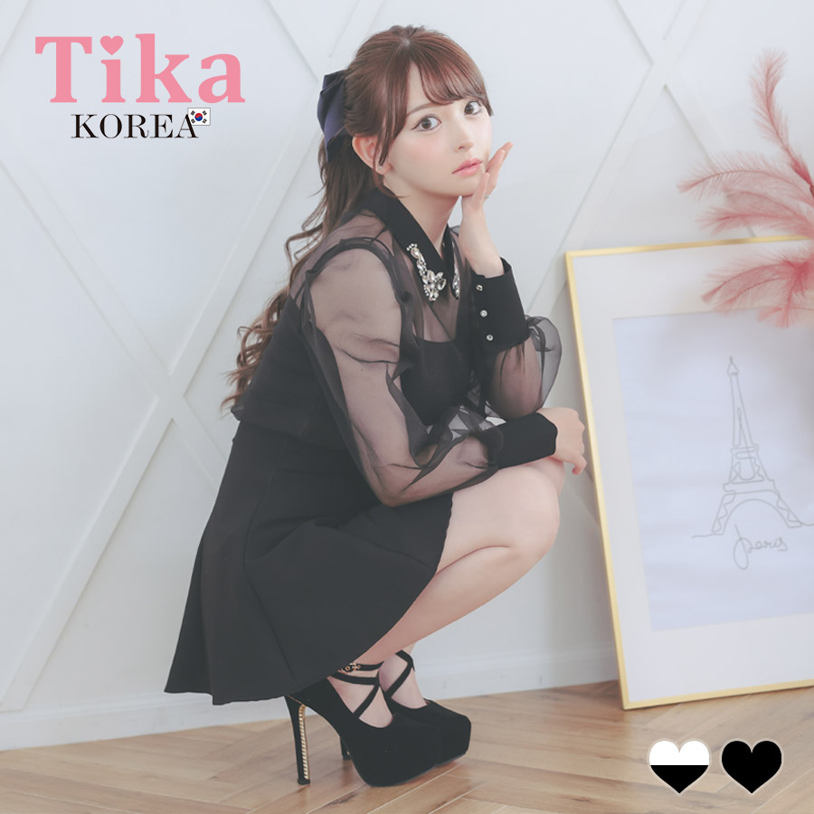 [韓国ドレス] セットアップ ビジュー襟 長袖 ワンピース シアーブラウス スカートパンツ Aライン キャバドレスのメイン画像