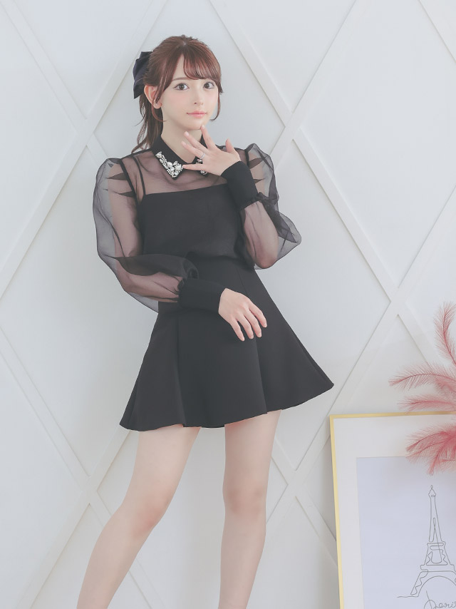 [韓国ドレス] セットアップ ビジュー襟 長袖 ワンピース シアーブラウス スカートパンツ Aライン キャバドレスのイメージ画像4