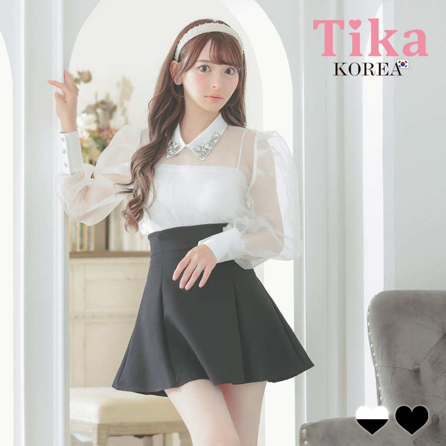 キャミソール付きビジュー襟付き長袖シアーブラウス×スカートパンツセットアップドレスのメイン画像