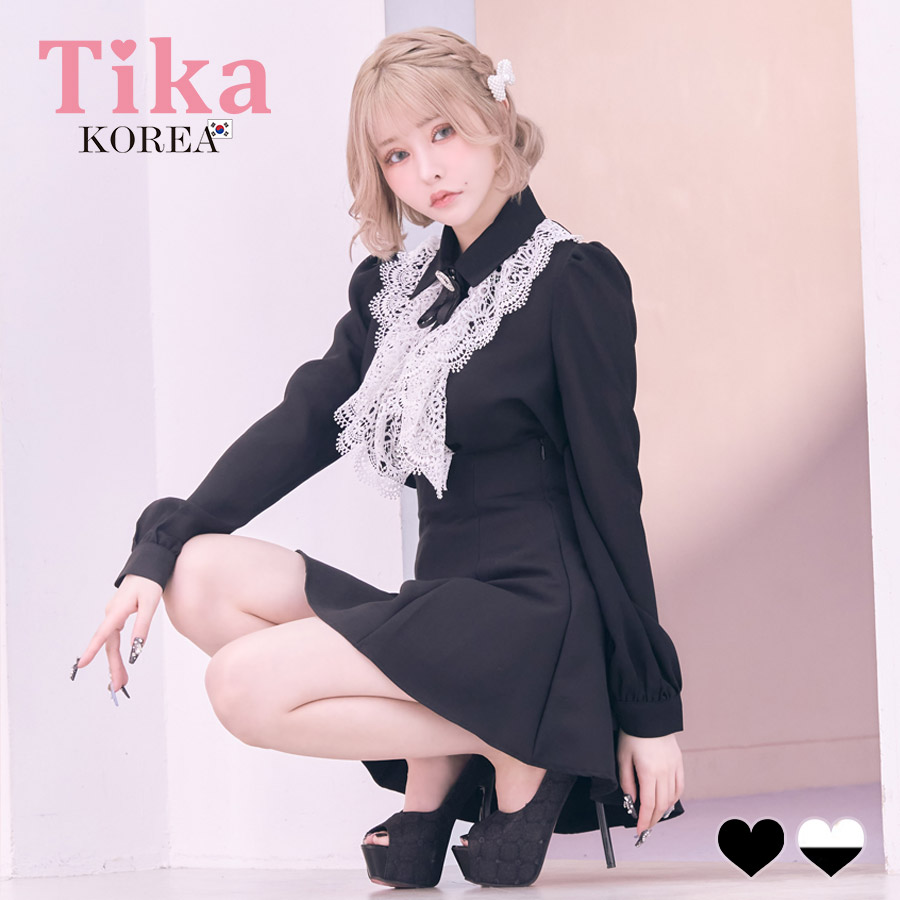 [韓国ドレス] セットアップ ワンピース ブローチ付き 長袖 ケミカルレース 襟付き フリル ブラウス スカートパンツ Aライン キャバドレスのメイン画像