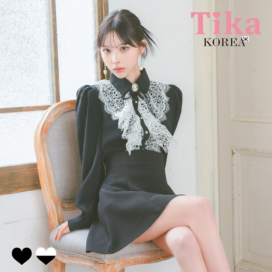 [韓国ドレス] セットアップ ワンピース ブローチ付き 長袖 ケミカルレース 襟付き フリル ブラウス スカートパンツ Aライン キャバドレスのメイン画像