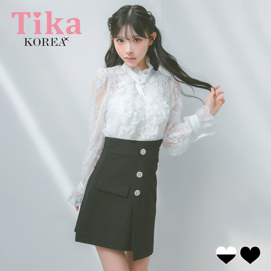 [韓国ドレス] セットアップ フリルレース 長袖 ワンピース スタンドネック ブラウス スカートパンツ Aライン キャバドレスのメイン画像