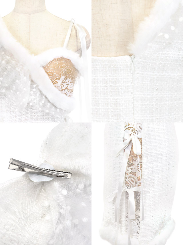 ワンショルダードットチュール胸元フリルクリスマスツイードタイトミニドレスの商品特徴
