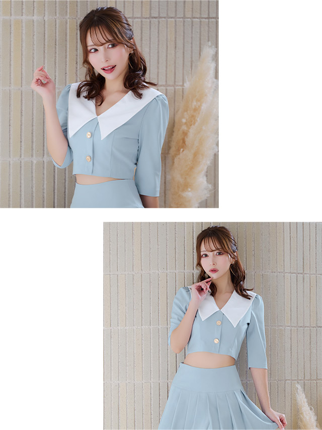 襟デザイン袖ありショートトップス×プリーツスカートセットアップフレアミニ韓国ドレスのイメージ画像2