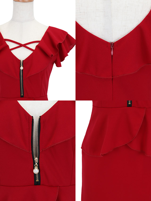 クロスデザインジップフリル袖ペプラム半袖タイトミニドレスのイメージ画像1