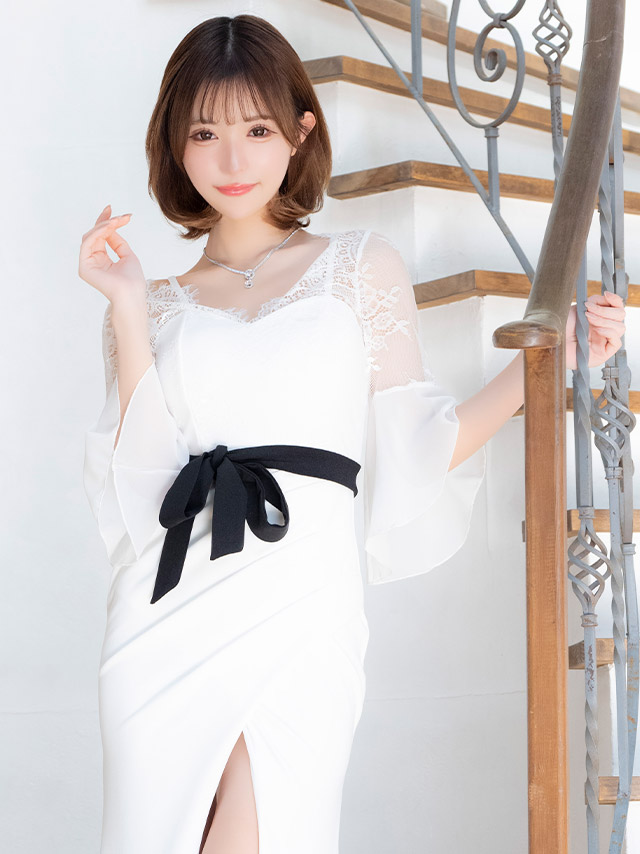 ウエストリボン付き袖ありシアーレースベルスリーブ切り替えストレッチラップギャザータイトロングドレスのイメージ画像1