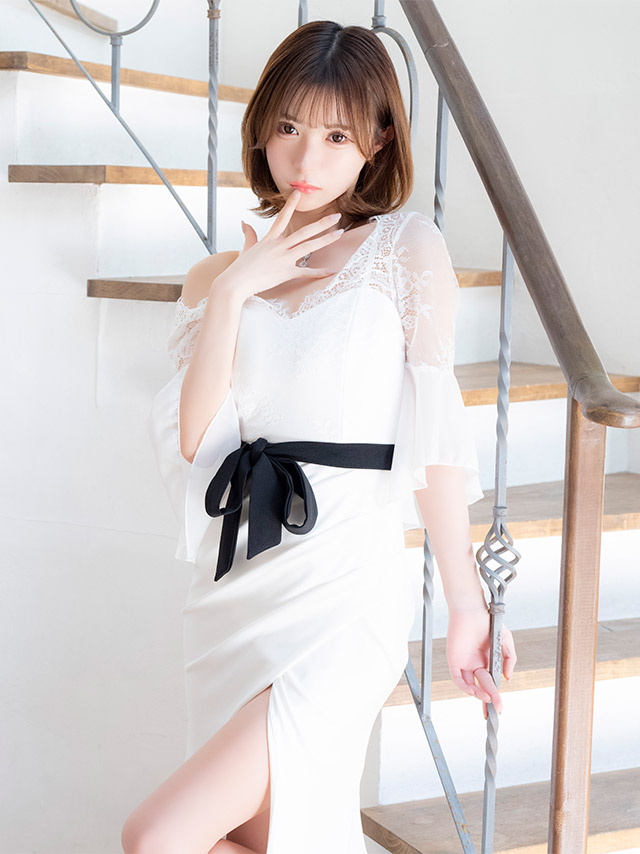 ウエストリボン付き袖ありシアーレースベルスリーブ切り替えストレッチラップギャザータイトロングドレスのイメージ画像3