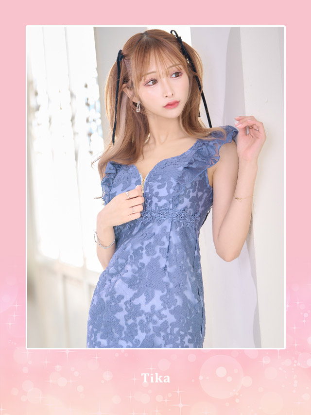 ワンカラーオーガンジー刺繍ノースリーブフリル袖バストジップタイトミニドレスのイメージ画像1
