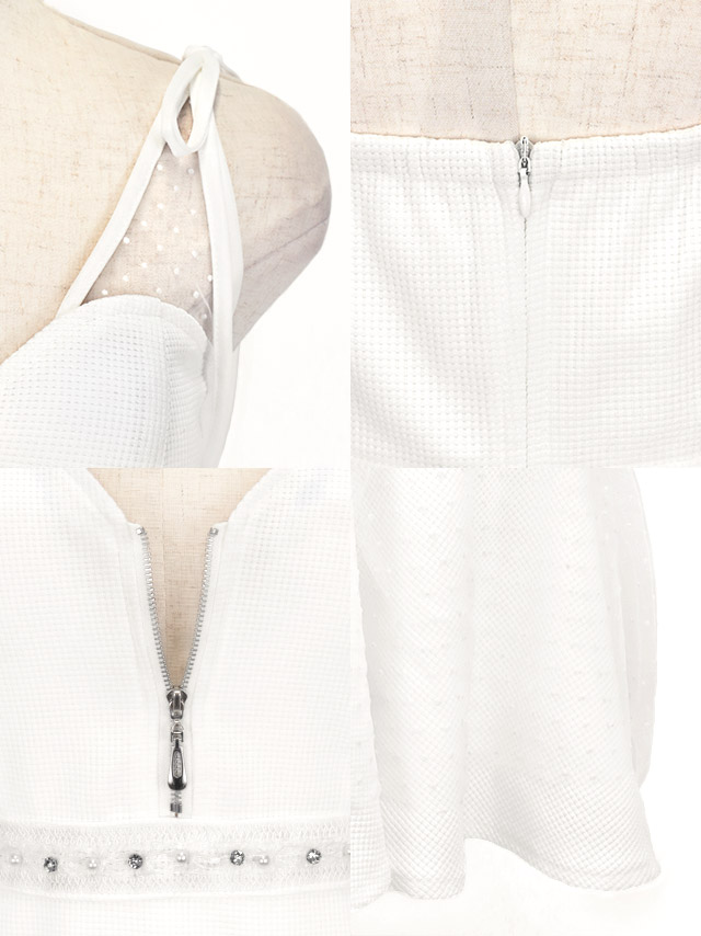 ドットシアーショルダーリボンキャミソールバストジップフレアミニドレスの商品特徴