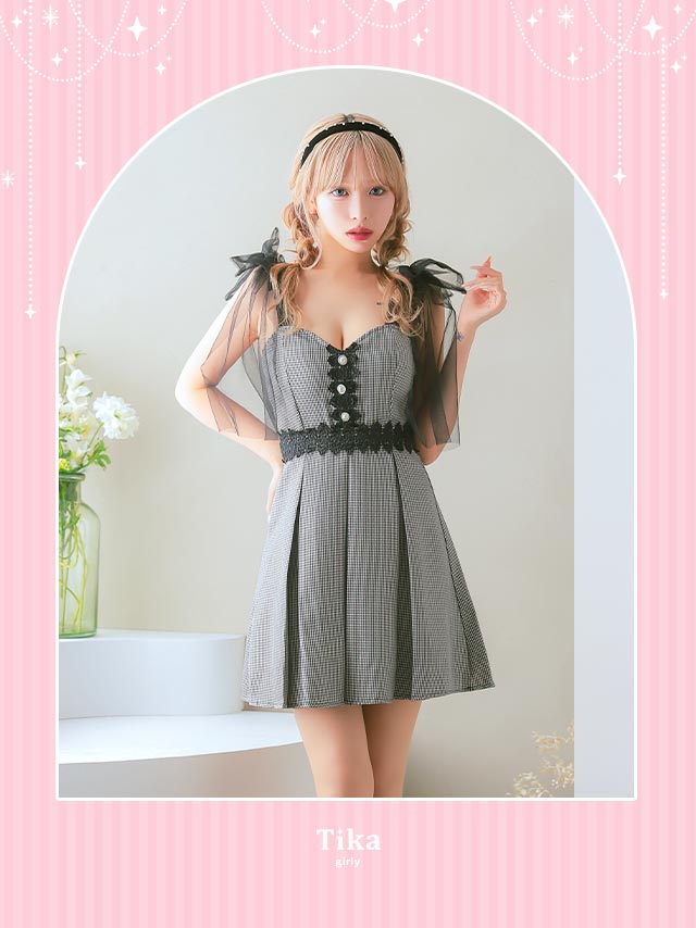 ショルダーチュールリボンキャミソール刺繍千鳥格子柄ボックスプリーツフレアミニドレスのイメージ画像1