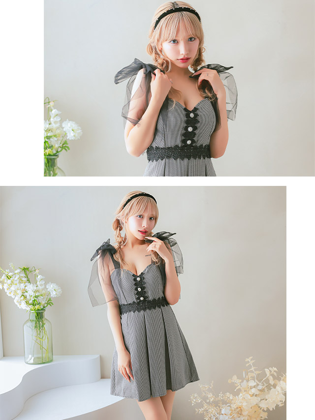 ショルダーチュールリボンキャミソール刺繍千鳥格子柄ボックスプリーツフレアミニドレスのイメージ画像2