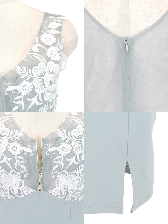 ノースリーブバストジップシアーフラワー刺繍切り替えスリットタイトミニドレスの商品特徴