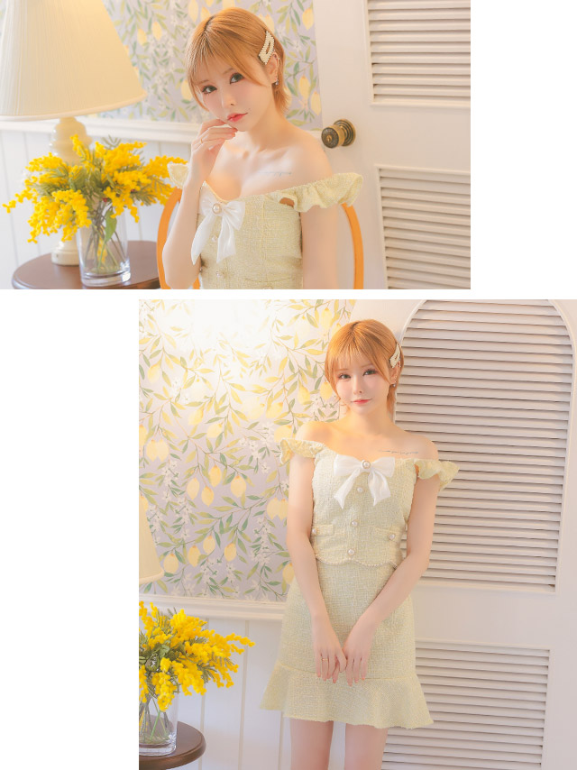 オフショルダー裾フリルツイードホワイトリボンブローチ付きセットアップフレアミニドレスのイメージ画像2