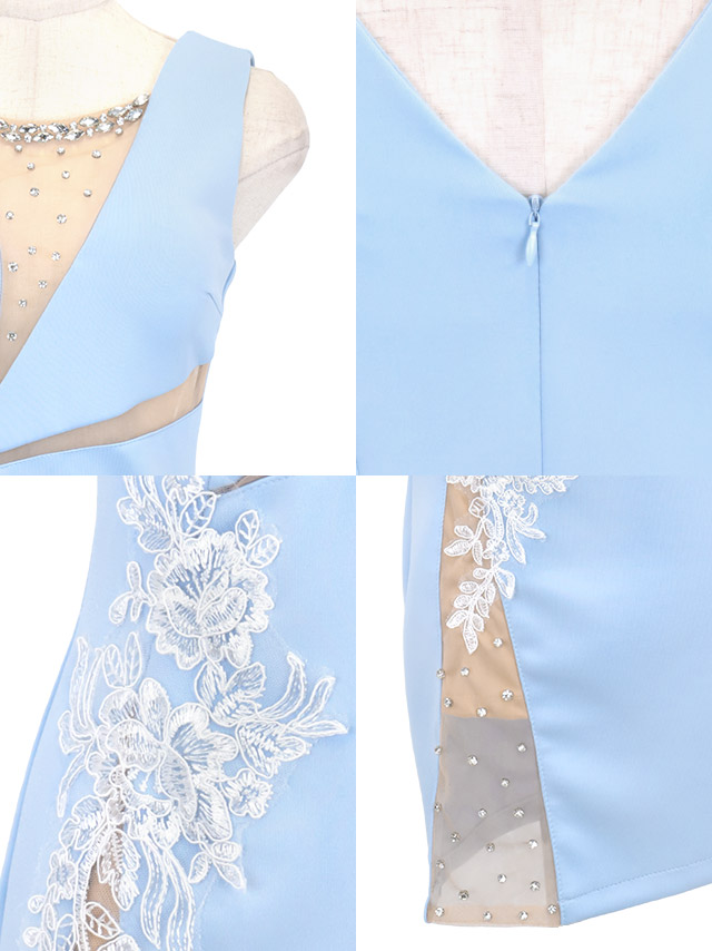 ノースリーブシアービジュー切り替えフラワー刺繍ストレッチタイトミニドレスの商品特徴