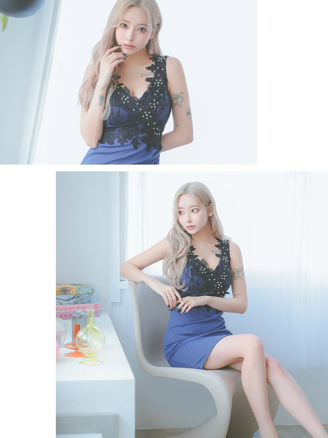 フラワー刺繍パール切替デザインギャザーラップノースリーブタイトミニドレスのイメージ画像1