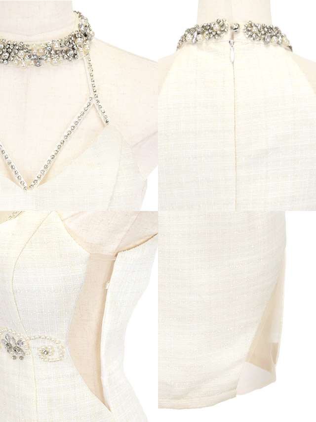 チョーカーネックビジューアメリカンスリーブツイードタイトミニドレスの商品特徴