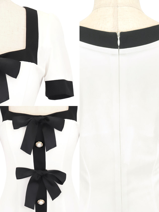 パイピングフロントリボンパールデザイン半袖モノトーンフレアミニドレスの商品特徴