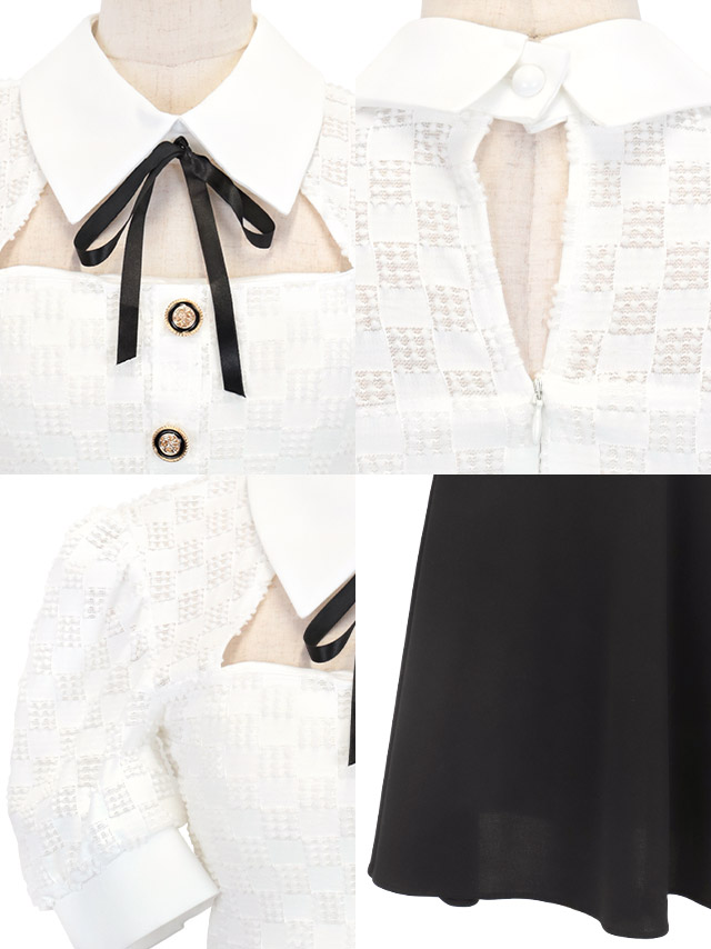 ネックリボン襟デザイン半袖バストカット切り替えモノトーンフレアミニドレスの商品特徴