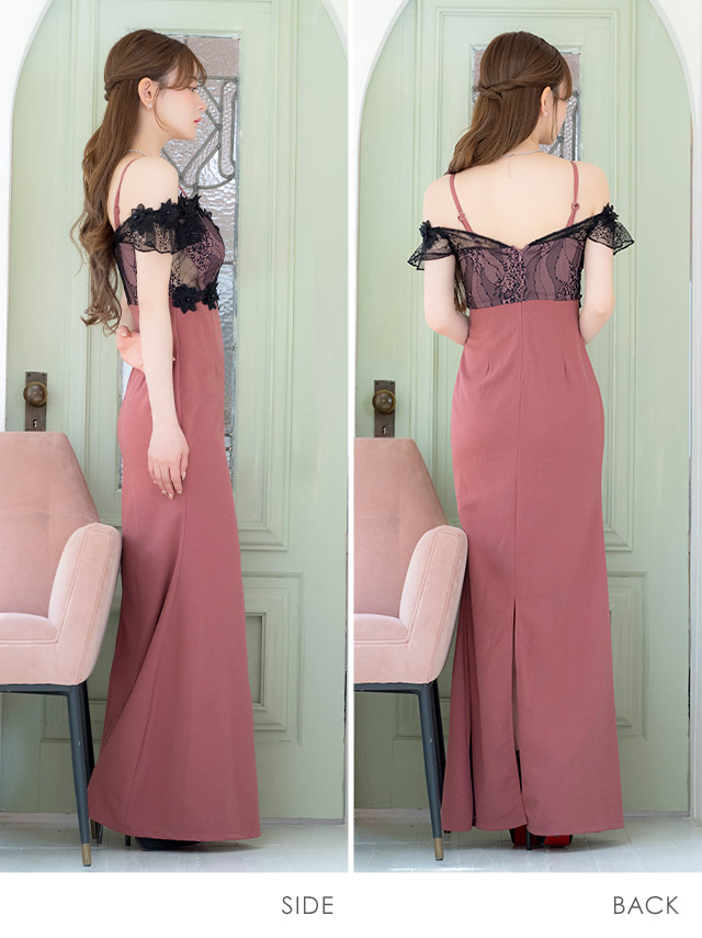 肩あき シアーレース 立体フラワー 切り替え くびれ ストレッチ バックスリット タイトロングドレスのサイドバッグ全身