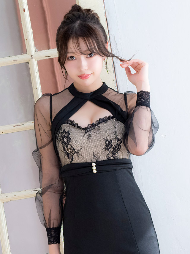 タイト ロングドレス 長袖 谷間 大きいサイズ 大人 スリット レース ハイネック ストレッチ シアースリーブ バストカット ワンカラー キャバドレスのイメージ画像2