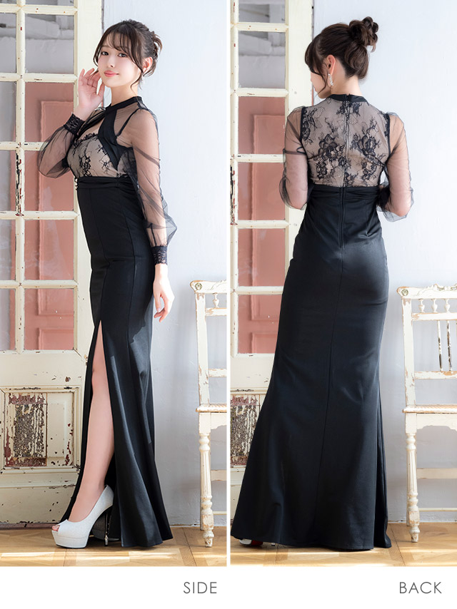 タイト ロングドレス 長袖 谷間 大きいサイズ 大人 スリット レース ハイネック ストレッチ シアースリーブ バストカット ワンカラー キャバドレスのサイドバッグ全身