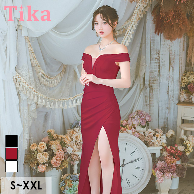 オフショルダー 谷間見せ バストシースルー シンプル ストレッチ ギャザー ラップ タイトロングドレスのメイン画像