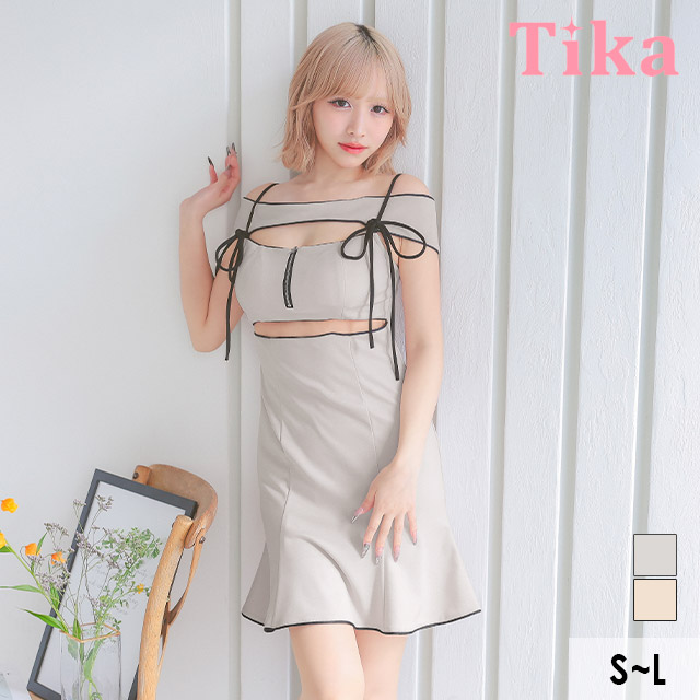 肩あき パイピング コードリボン バストジップ ウエストカットアウト ストレッチ フレアミニドレスのメイン画像