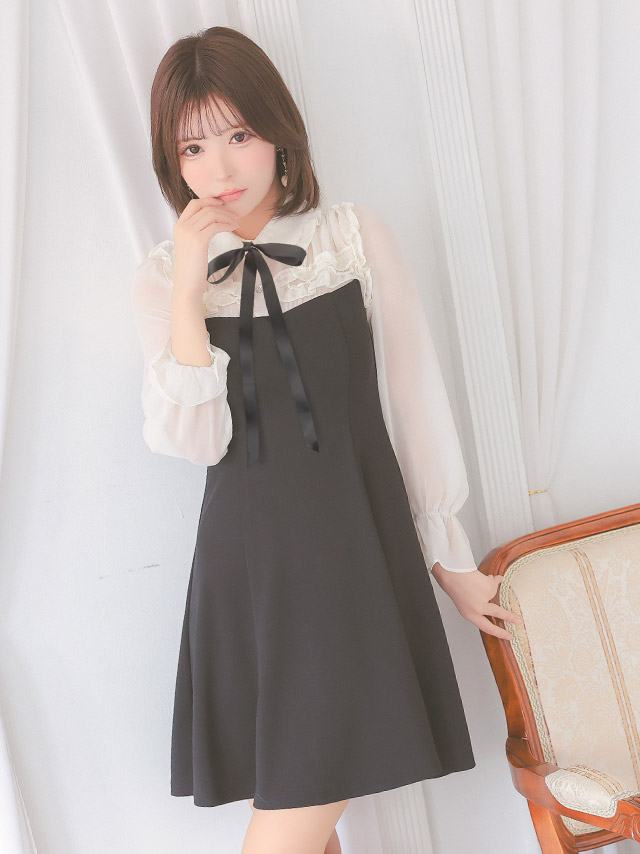 長袖 フリル 襟デザイン リボンタイ付き ビジューボタン フレアミニドレスのイメージ画像3