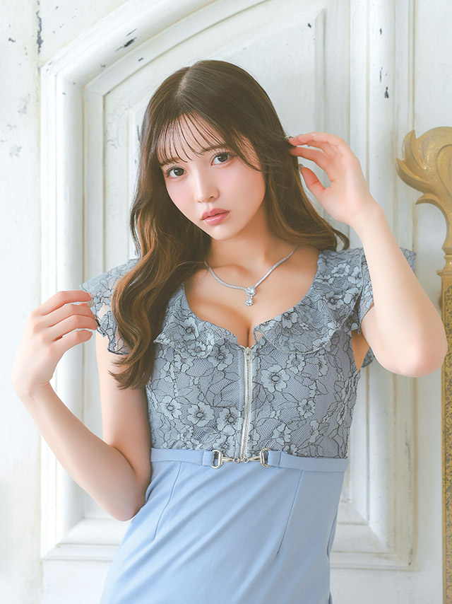 ジップ フラワーレース 半袖 フリル袖 レーススリット タイトミニドレスのイメージ画像2