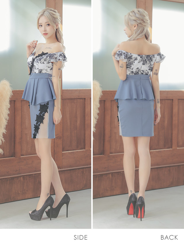 オフショルダー ブロッサム刺繍レース バストシースルー ペプラム 谷間魅せ タイトミニドレスのサイドバッグ全身