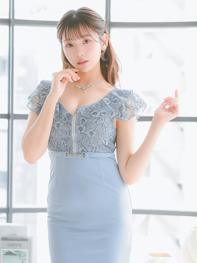 フリル袖フラワーレースフロントジップウエストベルト半袖タイトミニドレスのイメージ画像1